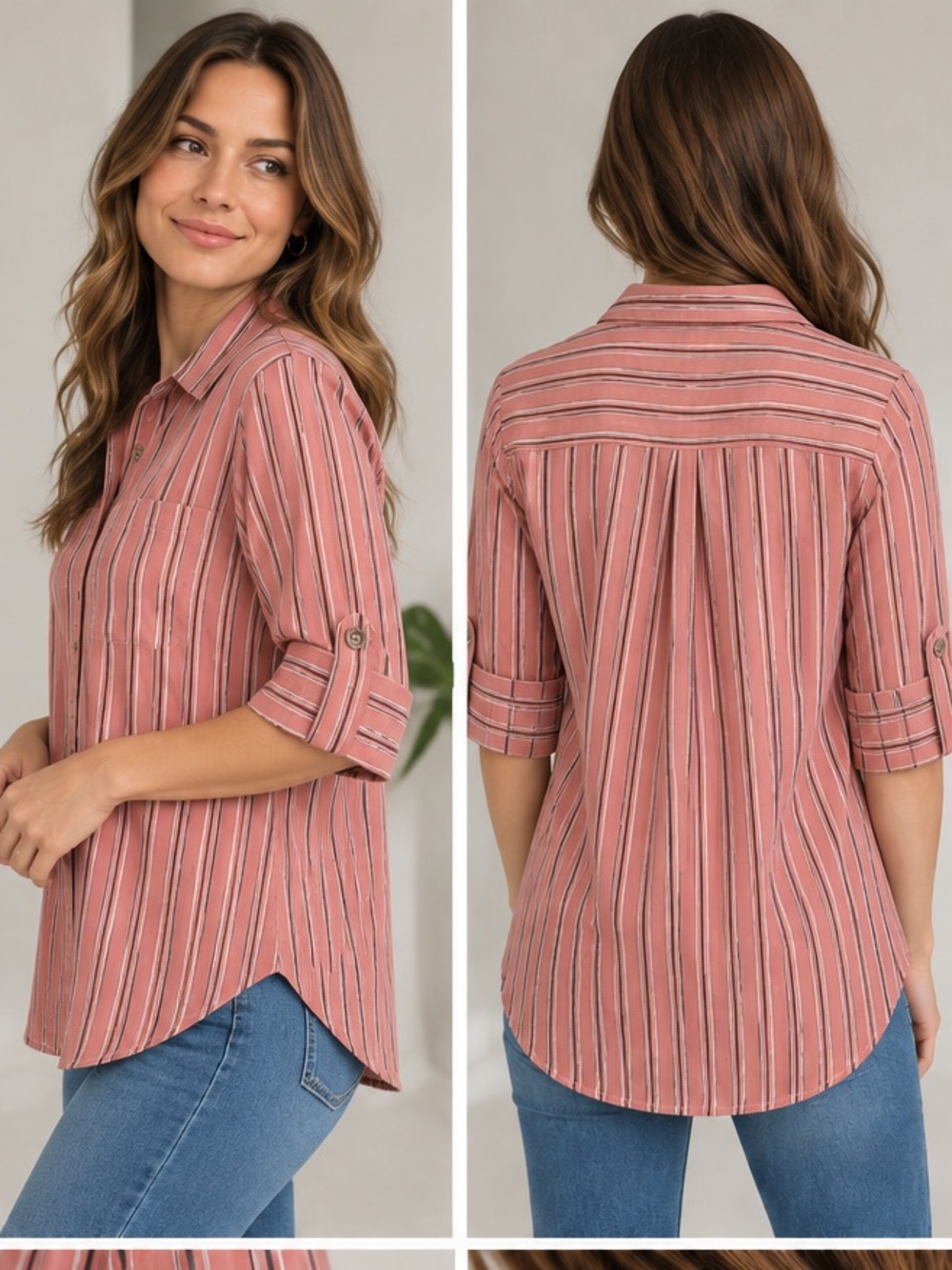 Women's Pink Stripe Button-Front Tunic Shirt
